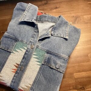 Womens Aztec Print Denim Jacket‎ Button Up Distressed Frayed Hem Long Sleeve